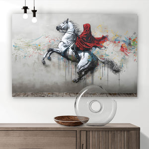 Spannrahmenbild Banksy Mystischer Reiter auf steigendem Pferd Querformat