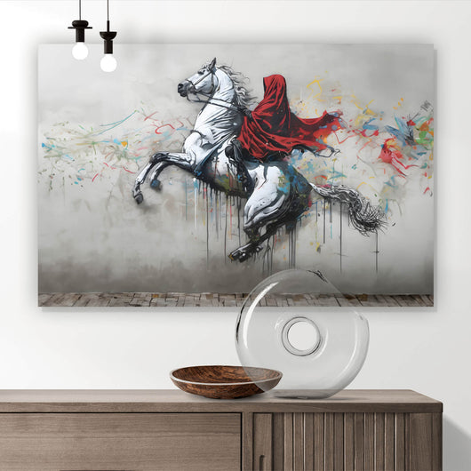 Spannrahmenbild Banksy Mystischer Reiter auf steigendem Pferd Querformat