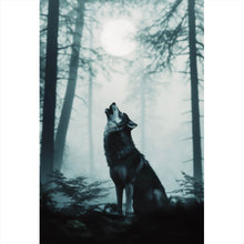 Lade das Bild in den Galerie-Viewer, Poster Mystisches Wolfsmotiv mit Vollmond im Wald Hochformat
