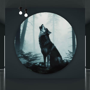 Aluminiumbild Mystisches Wolfsmotiv mit Vollmond im Wald Kreis
