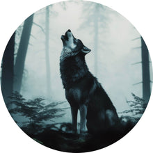 Lade das Bild in den Galerie-Viewer, Aluminiumbild gebürstet Mystisches Wolfsmotiv mit Vollmond im Wald Kreis
