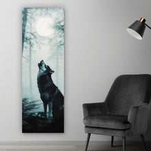 Lade das Bild in den Galerie-Viewer, Leinwandbild Mystisches Wolfsmotiv mit Vollmond im Wald Panorama Hoch
