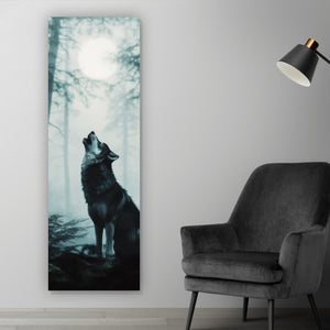 Leinwandbild Mystisches Wolfsmotiv mit Vollmond im Wald Panorama Hoch