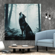 Lade das Bild in den Galerie-Viewer, Aluminiumbild Mystisches Wolfsmotiv mit Vollmond im Wald Quadrat

