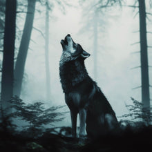 Lade das Bild in den Galerie-Viewer, Spannrahmenbild Mystisches Wolfsmotiv mit Vollmond im Wald Quadrat
