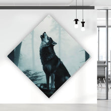 Lade das Bild in den Galerie-Viewer, Acrylglasbild Mystisches Wolfsmotiv mit Vollmond im Wald Raute
