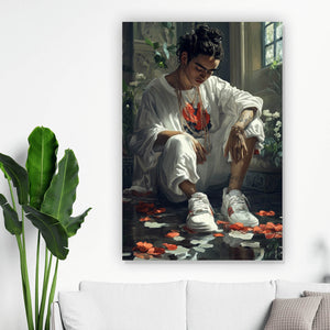 Aluminiumbild Nachdenkliche Frida umgeben von Blüten und Blumen Hochformat