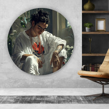 Lade das Bild in den Galerie-Viewer, Aluminiumbild Nachdenkliche Frida umgeben von Blüten und Blumen Kreis
