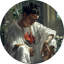 Lade das Bild in den Galerie-Viewer, Aluminiumbild Nachdenkliche Frida umgeben von Blüten und Blumen Kreis
