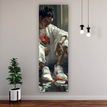 Lade das Bild in den Galerie-Viewer, Aluminiumbild Nachdenkliche Frida umgeben von Blüten und Blumen Panorama Hoch
