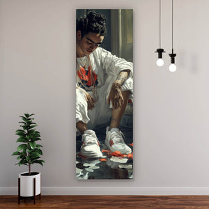 Aluminiumbild Nachdenkliche Frida umgeben von Blüten und Blumen Panorama Hoch