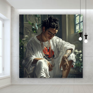 Aluminiumbild Nachdenkliche Frida umgeben von Blüten und Blumen Quadrat