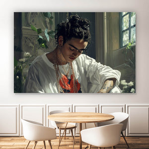 Aluminiumbild Nachdenkliche Frida umgeben von Blüten und Blumen Querformat