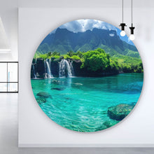 Lade das Bild in den Galerie-Viewer, Aluminiumbild gebürstet Naturparadies mit Wasserfall Kulisse Kreis
