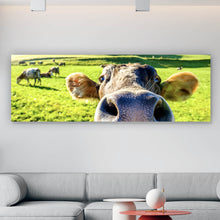 Lade das Bild in den Galerie-Viewer, Acrylglasbild Neugierige Kuh auf grüner Wiese vor Berglandschaft Panorama
