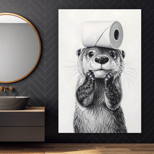 Aluminiumbild gebürstet Niedlicher Otter balanciert Toilettenpapier auf dem Kopf Hochformat