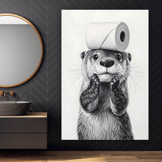 Poster Niedlicher Otter balanciert Toilettenpapier auf dem Kopf Hochformat