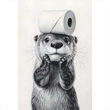 Lade das Bild in den Galerie-Viewer, Spannrahmenbild Niedlicher Otter balanciert Toilettenpapier auf dem Kopf Hochformat
