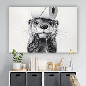 Leinwandbild Niedlicher Otter balanciert Toilettenpapier auf dem Kopf Querformat