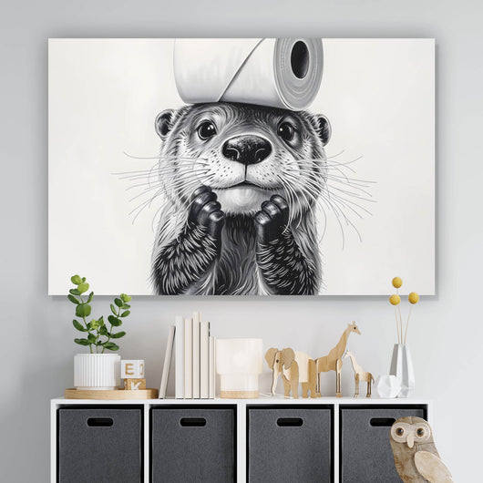 Aluminiumbild gebürstet Niedlicher Otter balanciert Toilettenpapier auf dem Kopf Querformat