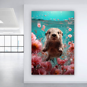Aluminiumbild Niedlicher Otter unter Wasser mit Blumen Hochformat