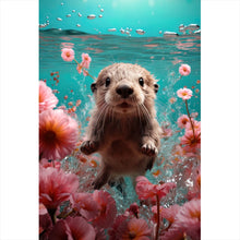 Lade das Bild in den Galerie-Viewer, Aluminiumbild gebürstet Niedlicher Otter unter Wasser mit Blumen Hochformat
