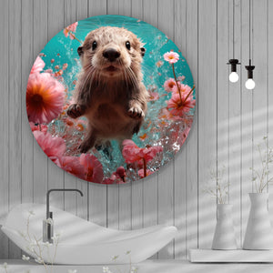 Aluminiumbild Niedlicher Otter unter Wasser mit Blumen Kreis