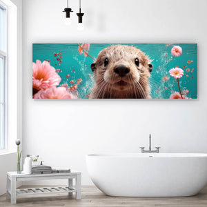 Acrylglasbild Niedlicher Otter unter Wasser mit Blumen Panorama