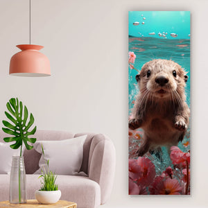 Aluminiumbild Niedlicher Otter unter Wasser mit Blumen Panorama Hoch