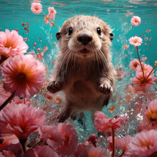 Lade das Bild in den Galerie-Viewer, Poster Niedlicher Otter unter Wasser mit Blumen Quadrat
