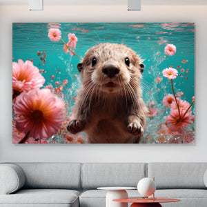 Poster Niedlicher Otter unter Wasser mit Blumen Querformat