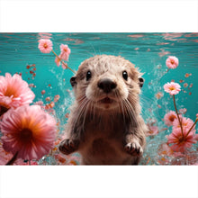 Lade das Bild in den Galerie-Viewer, Aluminiumbild gebürstet Niedlicher Otter unter Wasser mit Blumen Querformat
