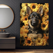 Lade das Bild in den Galerie-Viewer, Spannrahmenbild Niedlicher Schäferhund umgeben von gelben Blumen Hochformat
