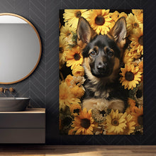 Lade das Bild in den Galerie-Viewer, Leinwandbild Niedlicher Schäferhund umgeben von gelben Blumen Hochformat
