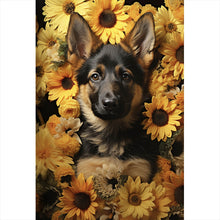 Lade das Bild in den Galerie-Viewer, Spannrahmenbild Niedlicher Schäferhund umgeben von gelben Blumen Hochformat
