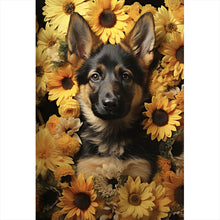 Lade das Bild in den Galerie-Viewer, Leinwandbild Niedlicher Schäferhund umgeben von gelben Blumen Hochformat
