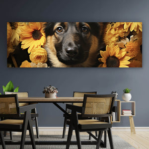 Leinwandbild Niedlicher Schäferhund umgeben von gelben Blumen Panorama