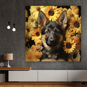 Leinwandbild Niedlicher Schäferhund umgeben von gelben Blumen Quadrat