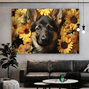 Leinwandbild Niedlicher Schäferhund umgeben von gelben Blumen Querformat