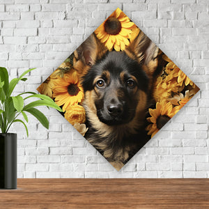 Poster Niedlicher Schäferhund umgeben von gelben Blumen Raute