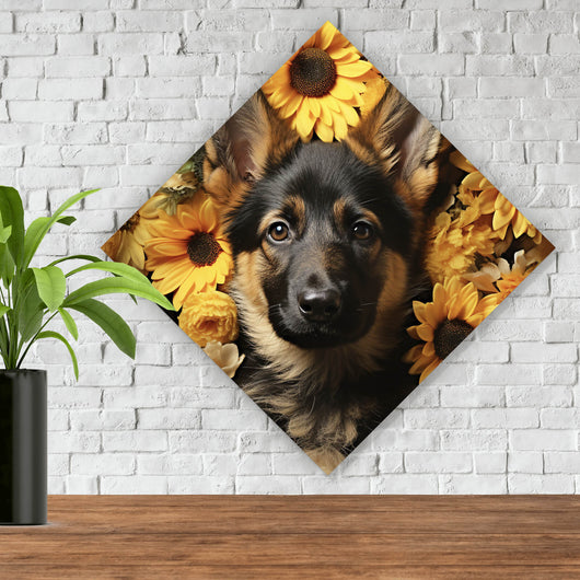 Spannrahmenbild Niedlicher Schäferhund umgeben von gelben Blumen Raute