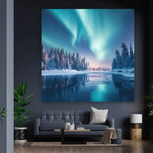 Lade das Bild in den Galerie-Viewer, Acrylglasbild Nordlicht über verschneiter Winterlandschaft Quadrat
