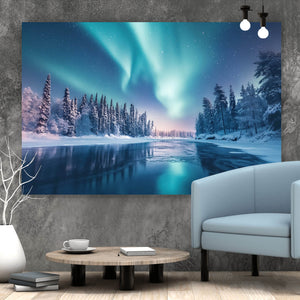Leinwandbild Nordlicht über verschneiter Winterlandschaft Querformat