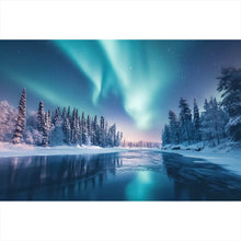 Lade das Bild in den Galerie-Viewer, Aluminiumbild gebürstet Nordlicht über verschneiter Winterlandschaft Querformat
