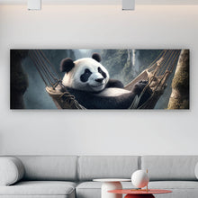 Lade das Bild in den Galerie-Viewer, Acrylglasbild Panda mit Hängematte in mystischer Umgebung Panorama
