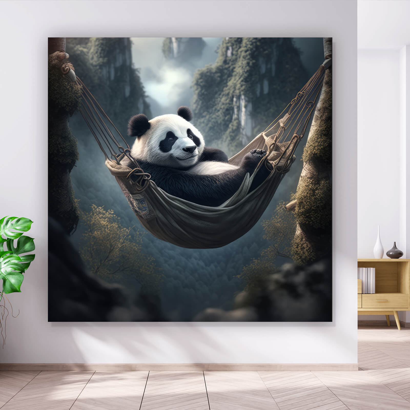 geldschein hängematte Aluminiumbild gebürstet Panda mit Hängematte in mystischer Umgebung im  Quadrat, Aufhängefertig & Versandkostenfrei – Wandguru