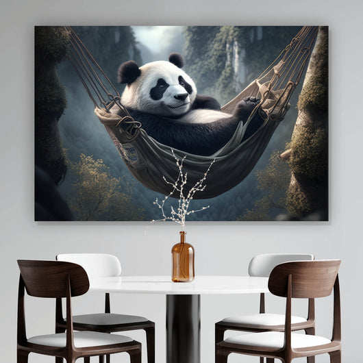 Leinwandbild Panda mit Hängematte in mystischer Umgebung Querformat