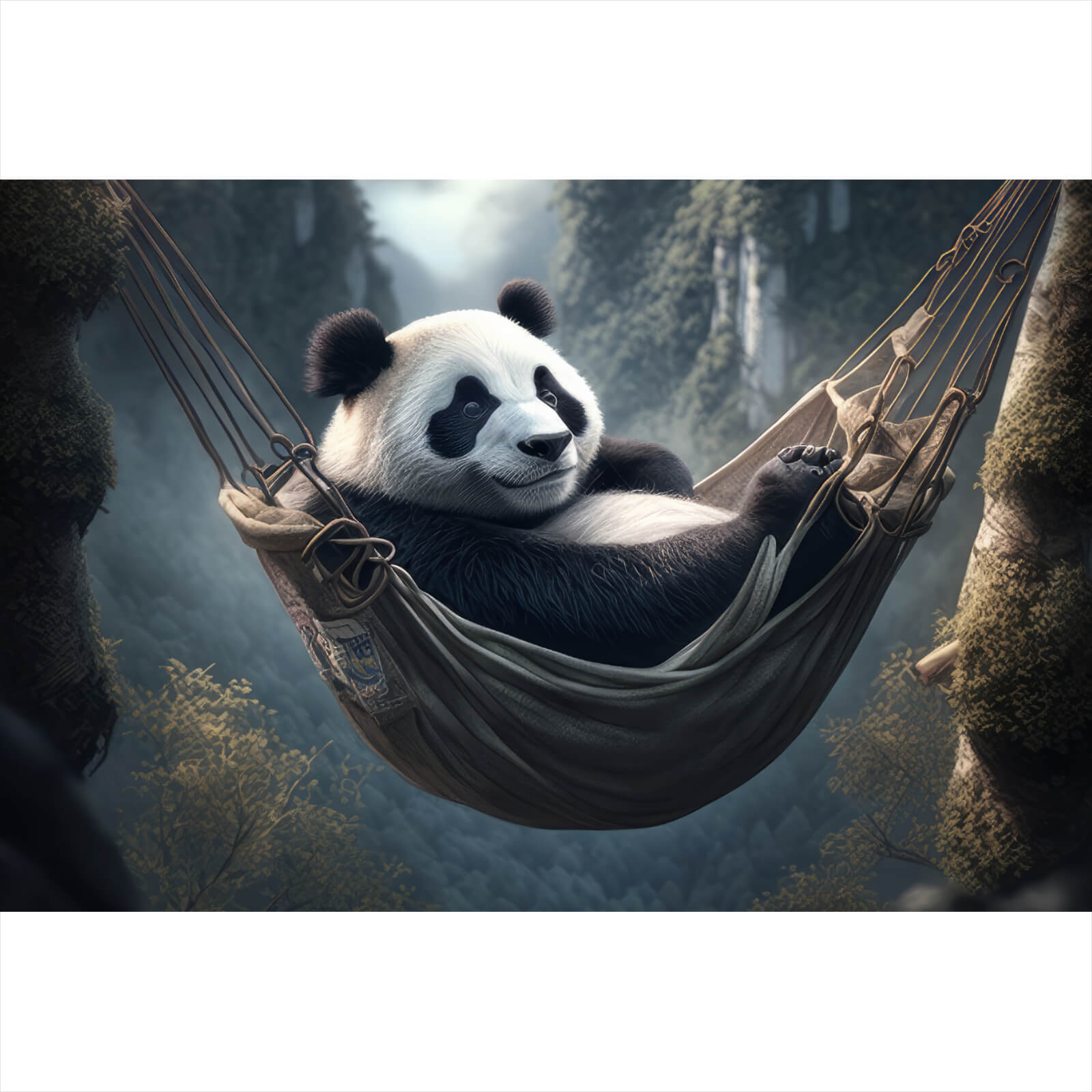 panda hängematte Leinwandbild Panda mit Hängematte in mystischer Umgebung Querformat