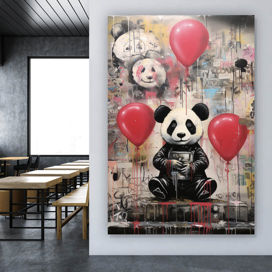 Spannrahmenbild Panda mit Luftballons Graffiti Stil Hochformat