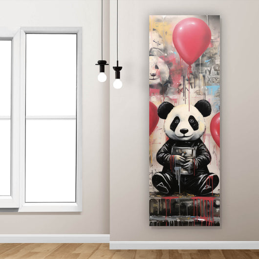 Acrylglasbild Panda mit Luftballons Graffiti Stil Panorama Hoch